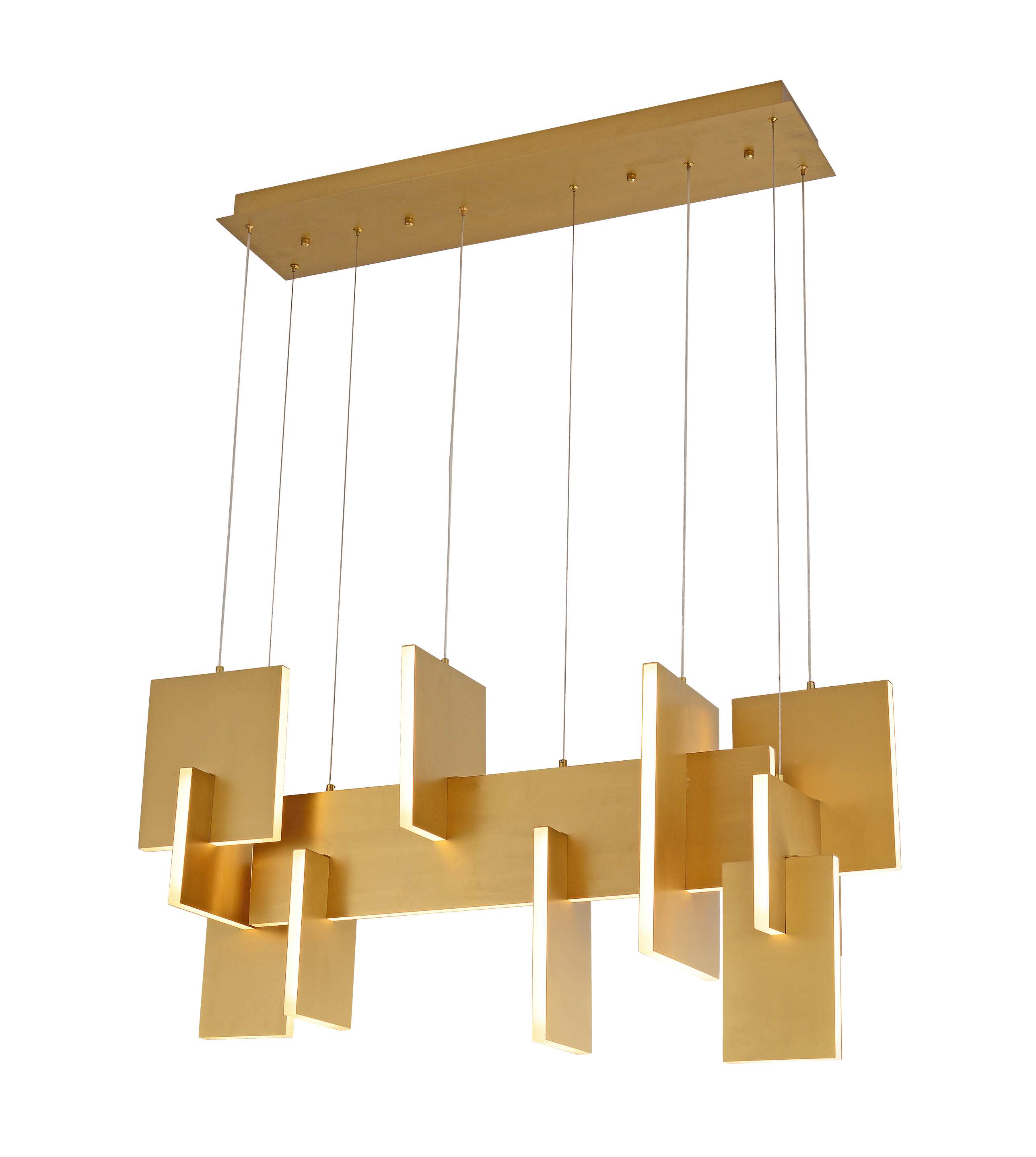 Linearer Kronleuchter mit geometrischem Goldpaneel