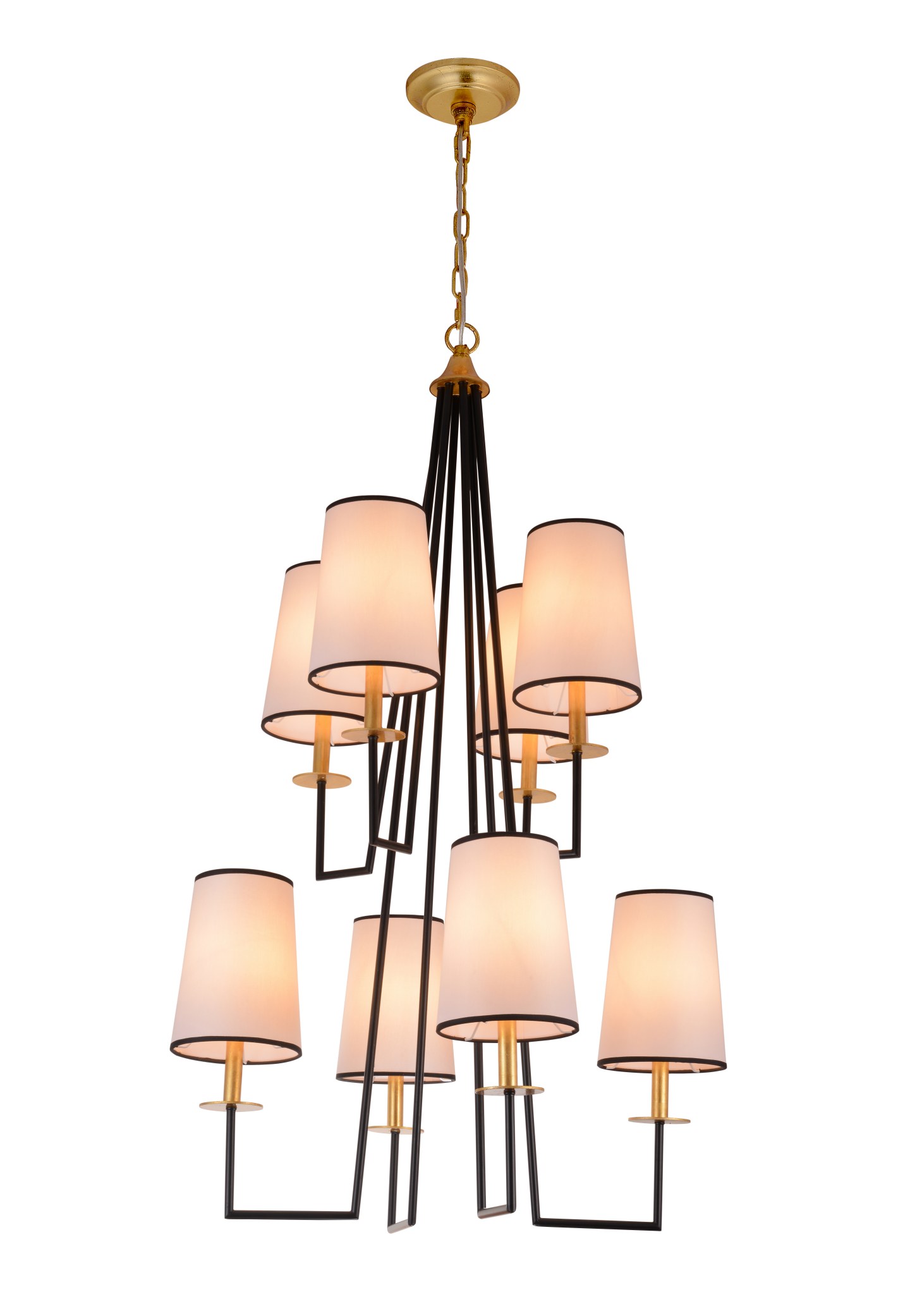 Gestufter geometrischer 8-Licht-Kronleuchter aus schwarzgoldenem Stoff Gestufter geometrischer 8-Licht-Kronleuchter aus schwarzgoldenem Stoff